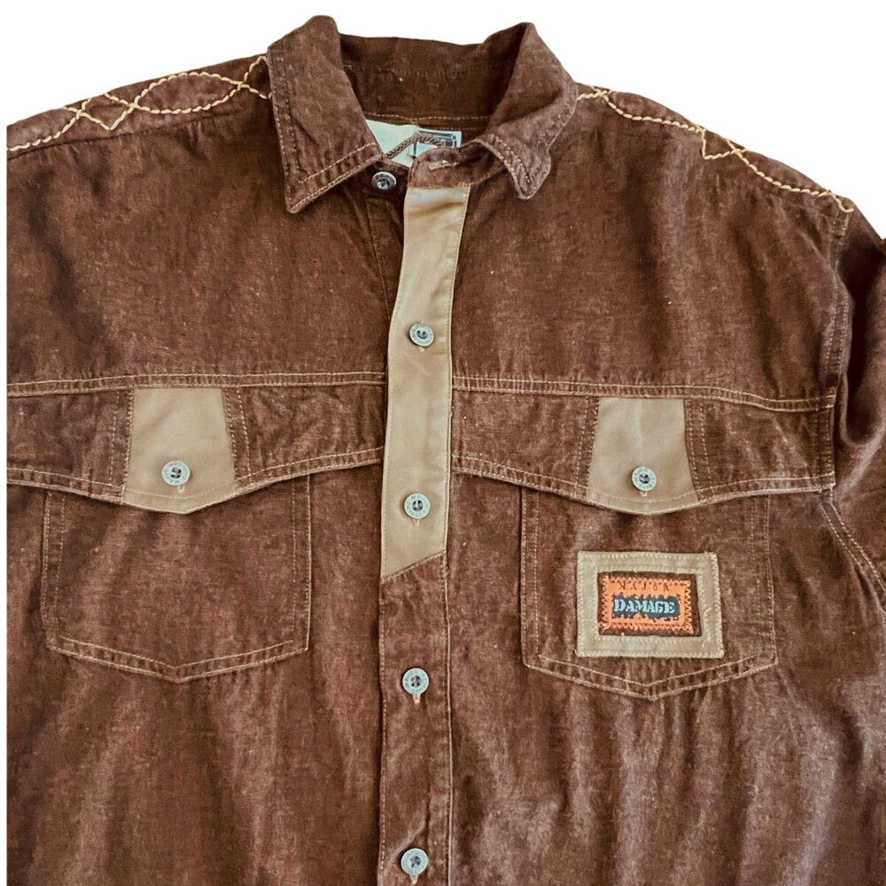VTG Major Damage Brown Denim w/Leather & Embroidered Button Down Shirt Size 2 XL